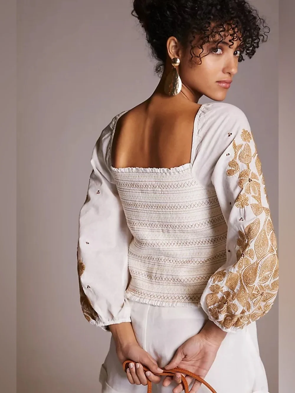 Anthropologie Embroidered Smocked Puff Sleeve Blouse M Petite Boho Romantic